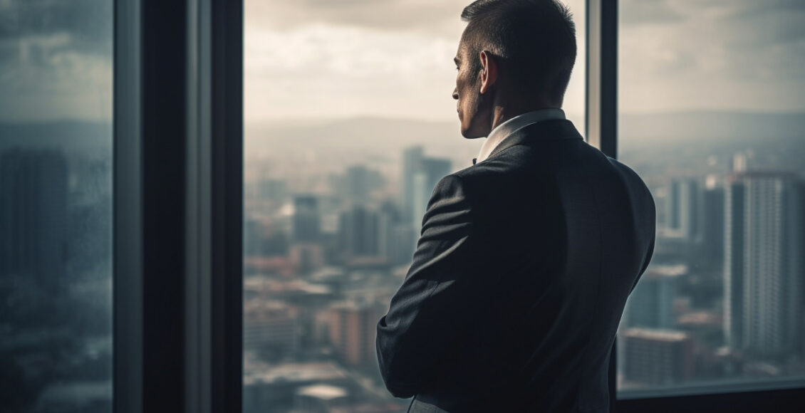 Confident Businessman Watching City Sunset Through Window Generated By Ai
