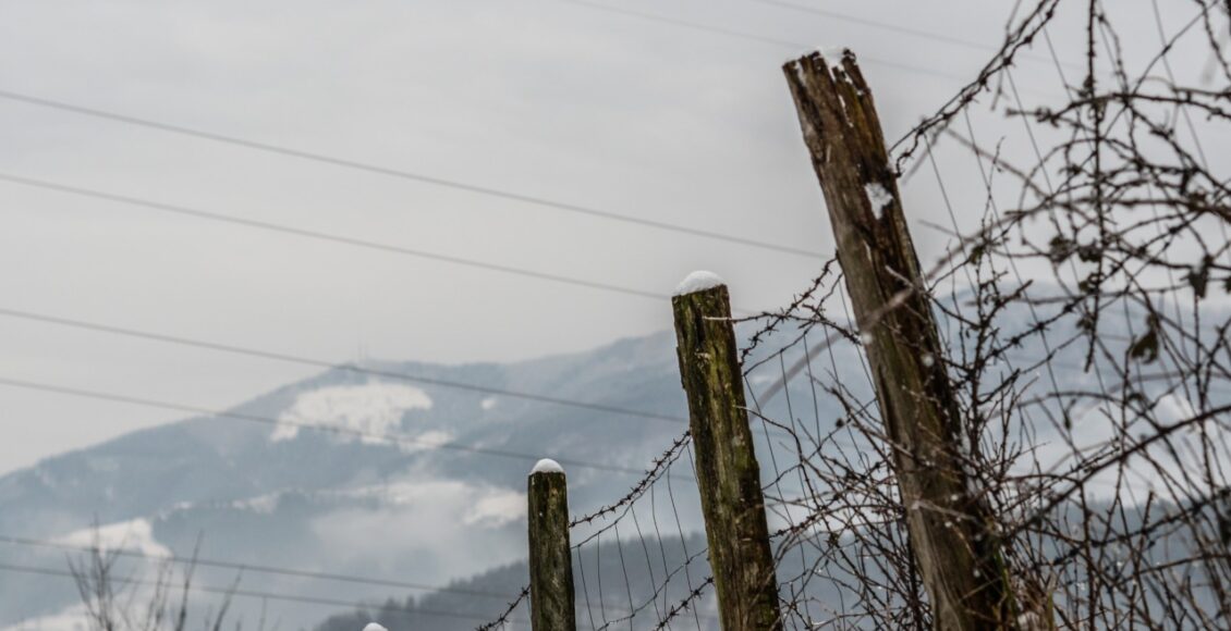 Low Angle Shot Of An Old Fence With Weathered Wooden Columns And Barbed Wires
